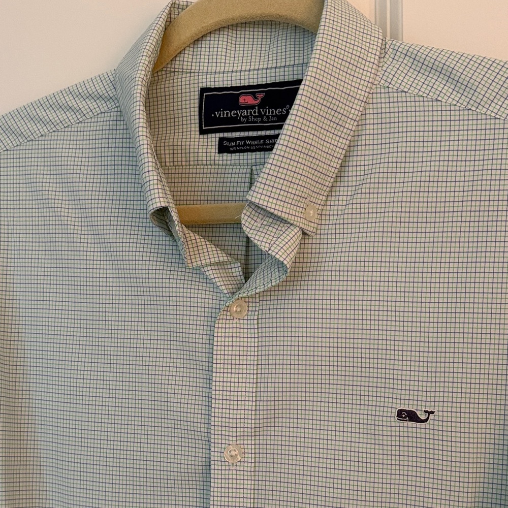 Vineyard Vines Men's Green and Blue Plaid Shirt
